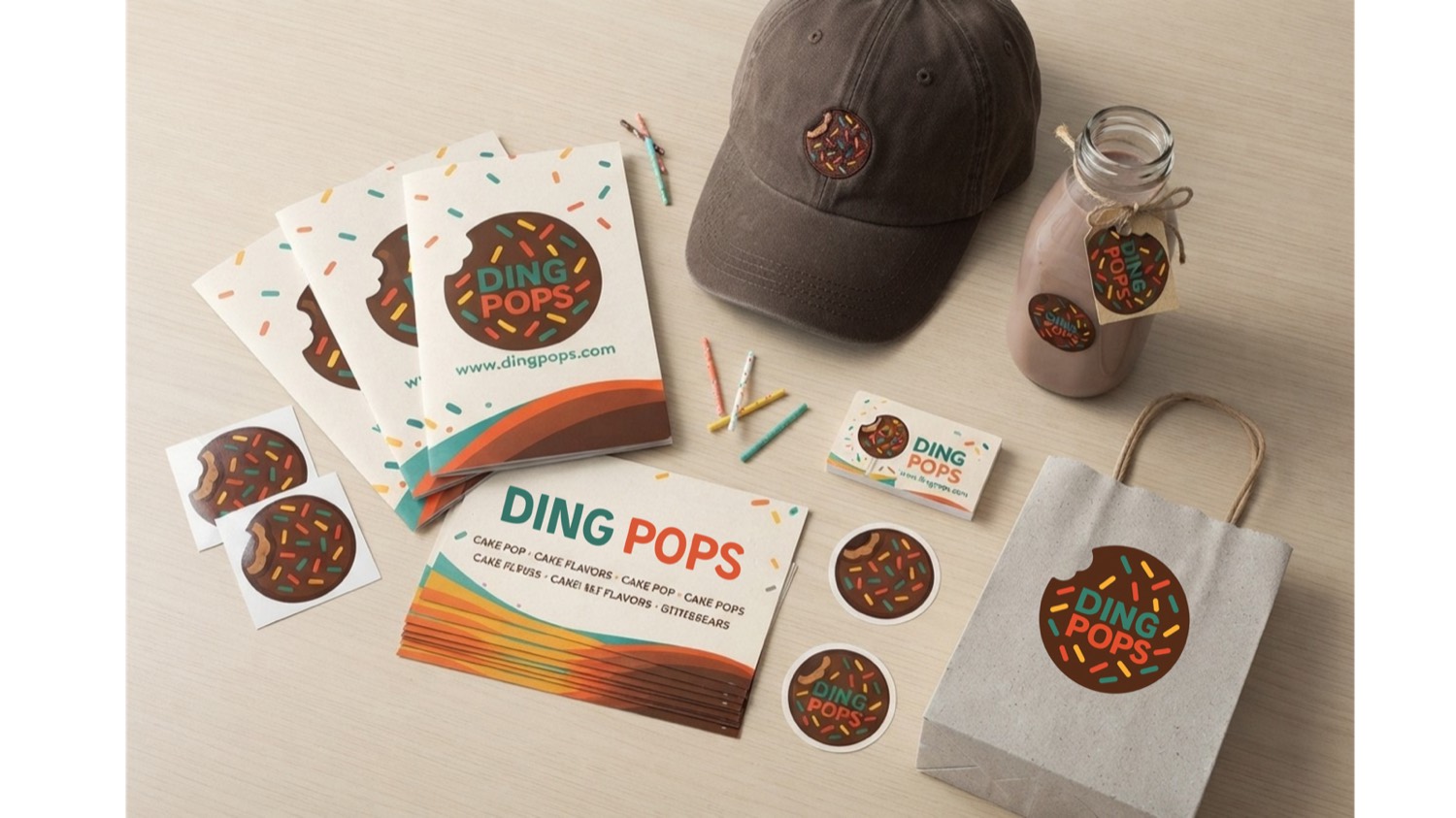 Ding Pops brand identity — logo, packaging, stickers, and business cards