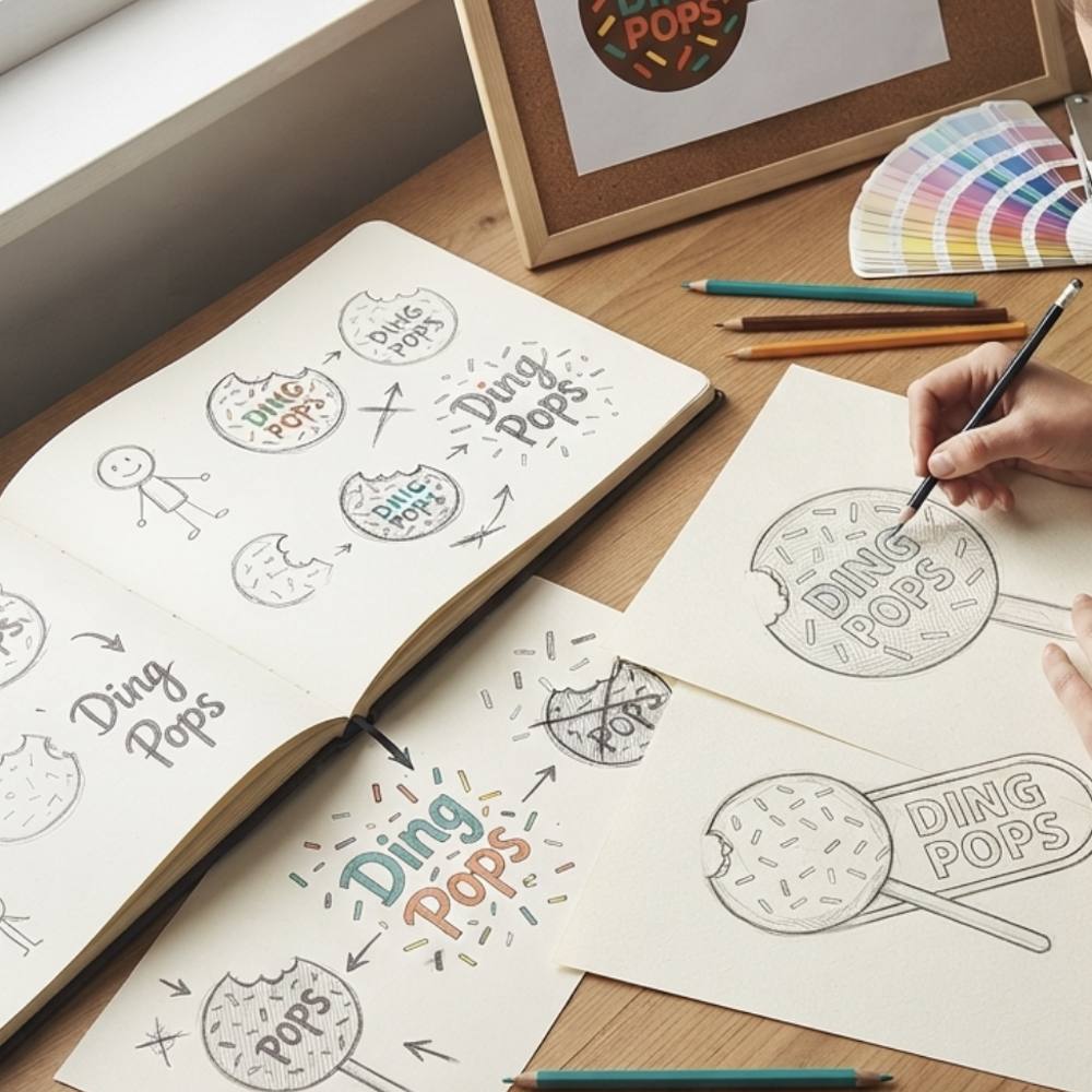 Kristyn's design desk — Ding Pops logo sketches, color swatches, and the finished mark